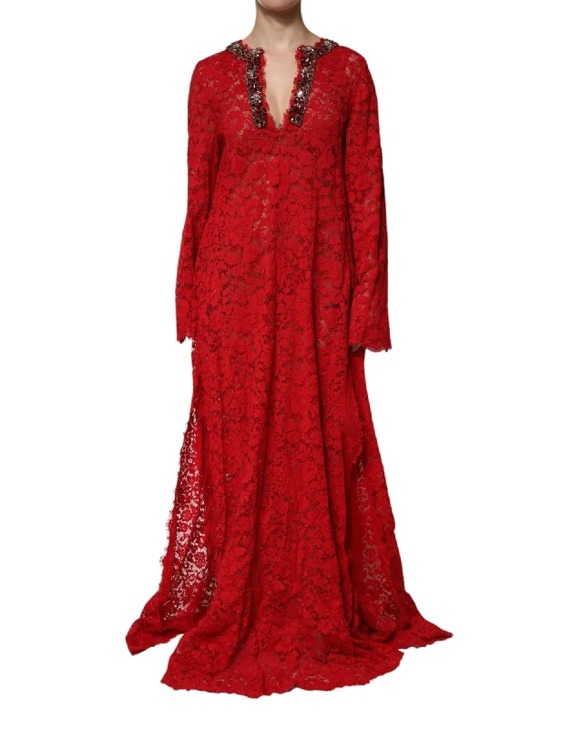 Dolce & Gabbana Lace Embellished VNeck Dress Women Red Dresses