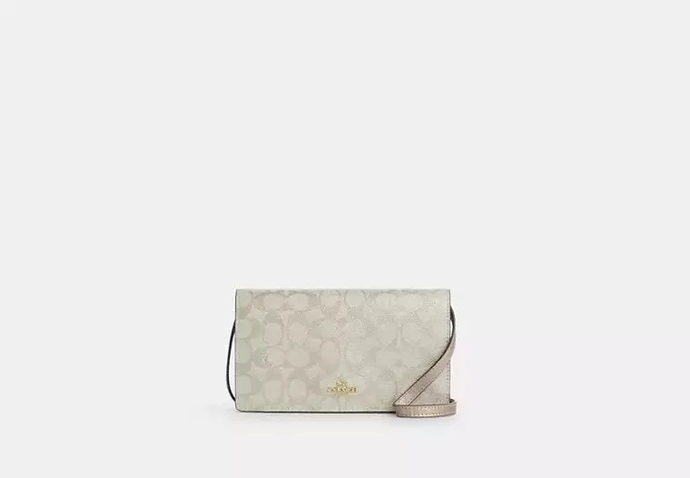 Coach Anna Foldover Clutch Crossbody Bag In Signature Canvas Champagne 