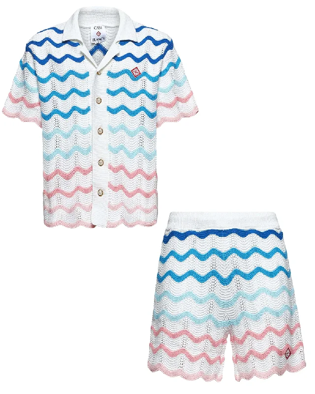 Casablanca Gradient Wave Crochet Shirt & Shorts Set in White