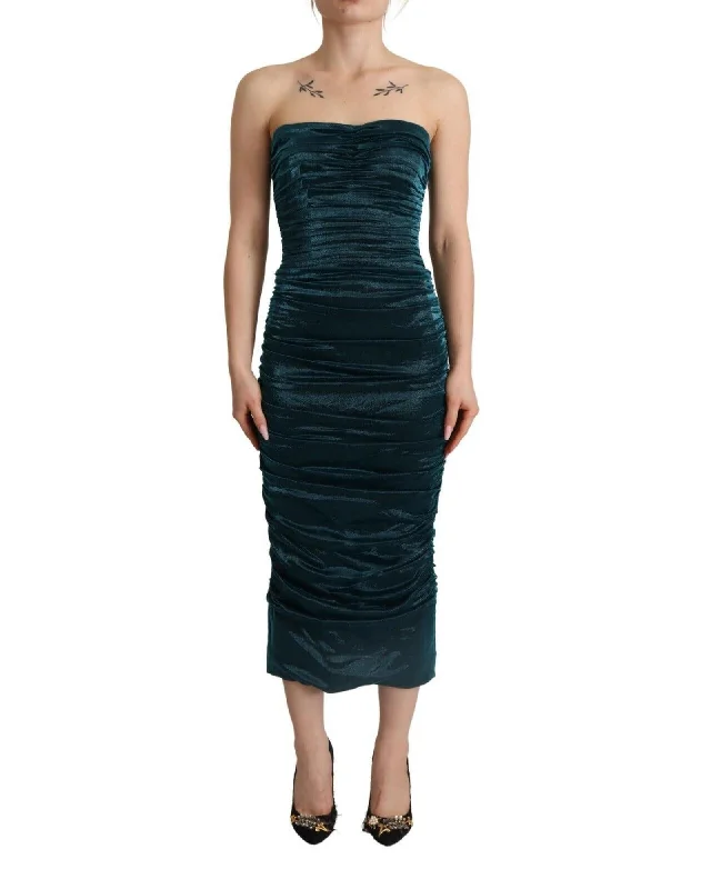 Dolce & Gabbana  Strapless Ruched Midi Dress in Green