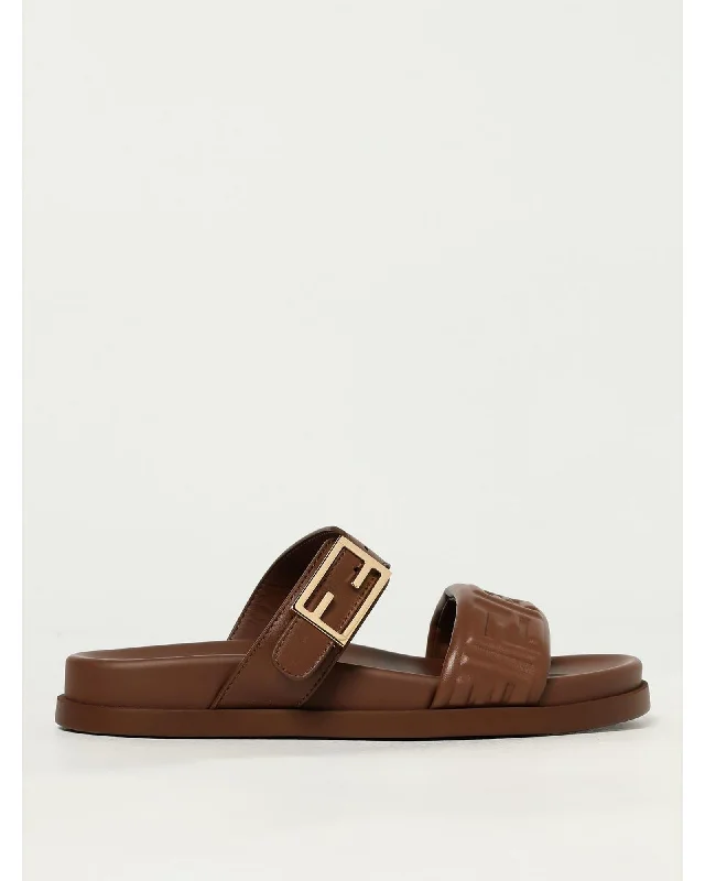 Fendi Leather Sandals Buckle Closure Women Flat Sandals
