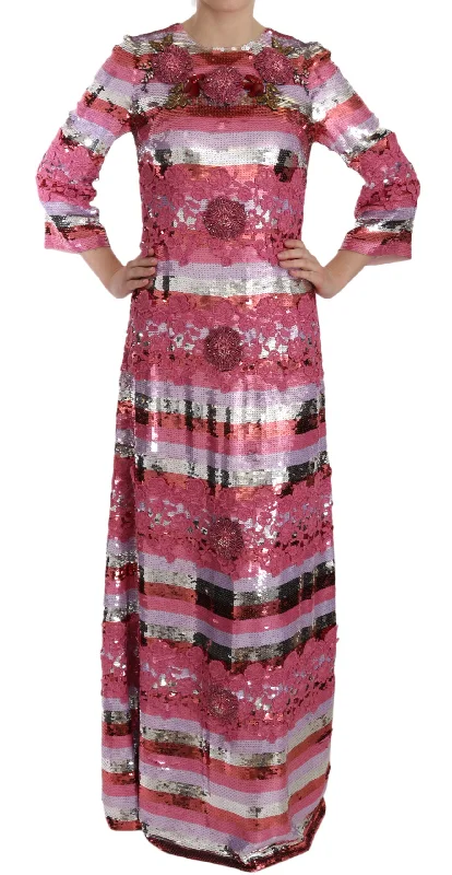 Dolce & Gabbana  Sequin Striped Dress with Embroidered Flowers