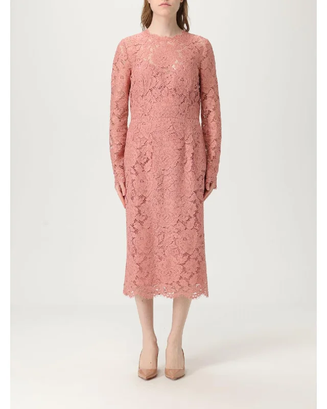 Dolce & Gabbana Lace Midi Dress Women Pink Dresses