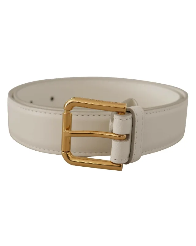 Dolce & Gabbana  White Leather Belt with Gold Buckle