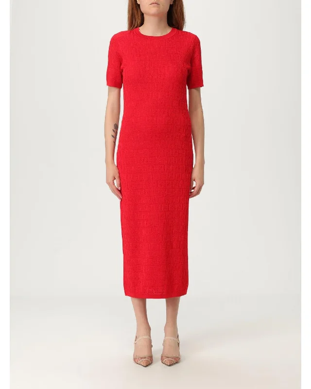 Fendi Knit Short Sleeve Dress Women Red Dresses