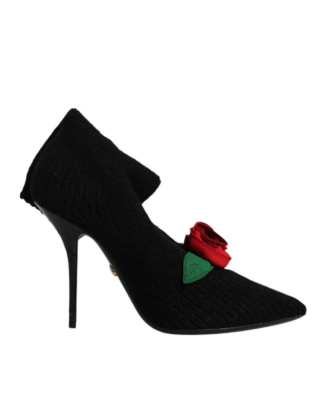 Dolce & Gabbana Knit Heel Floral Detail Women Black Boots