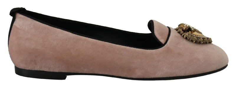 Dolce & Gabbana  Women's Pink Velvet Loafers with Gold Heart Embellishment