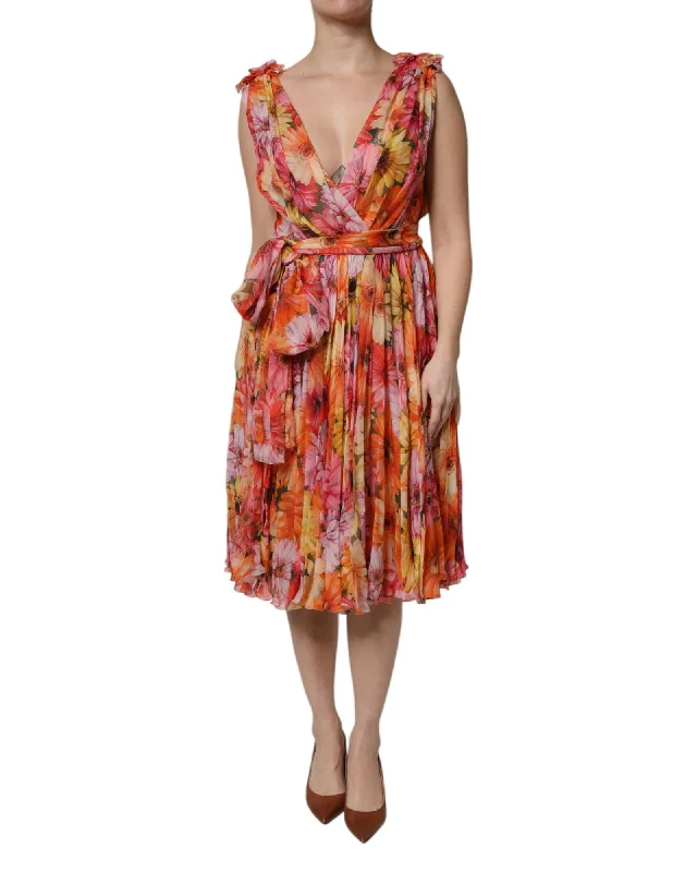 Dolce & Gabbana Floral Print Pleated Midi Dress Women Multicolor Dresses
