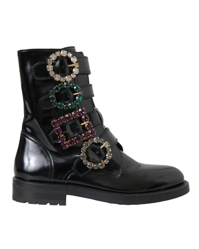 Dolce & Gabbana  Black Patent Leather Crystal Buckle Ankle Boots