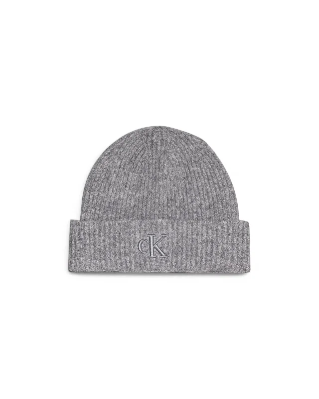 Calvin Klein Chunky Knit Logo Embroidered Cap Women Grey Hats