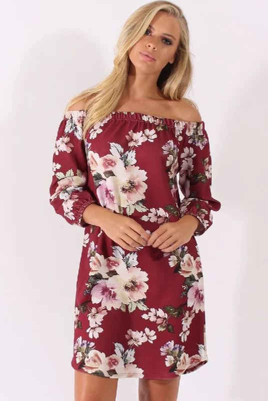 Wine Floral Print Bardot Dress - Cammi