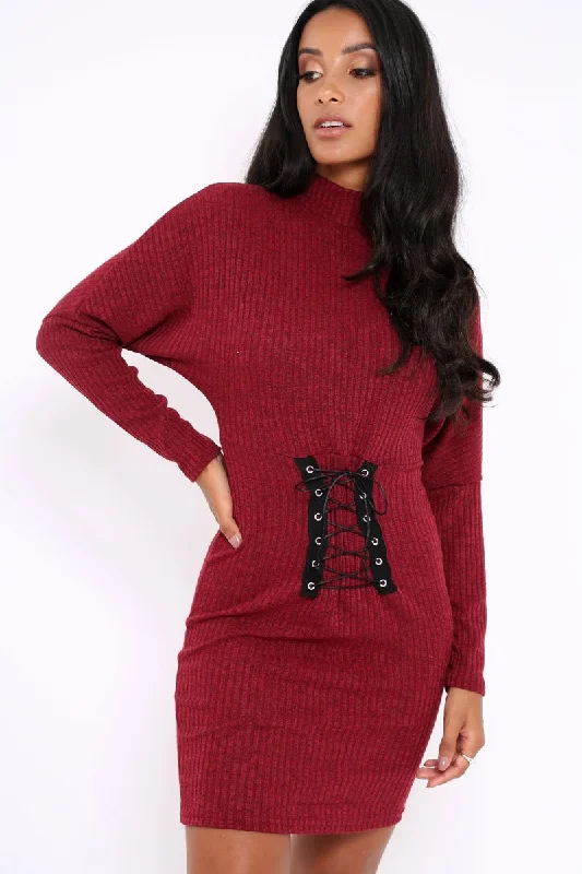 Wine High Neck Corset Front Ribbed Jumper Dress - Miah