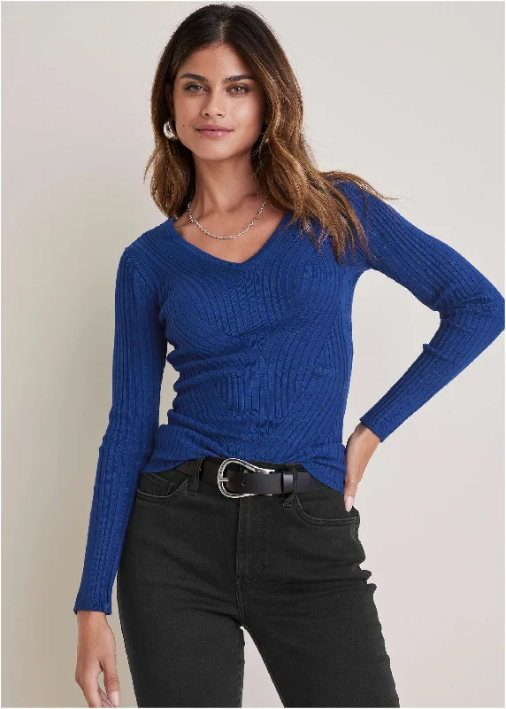 Ribbed Knit V-Neck Sweater  - Sodalite Blue