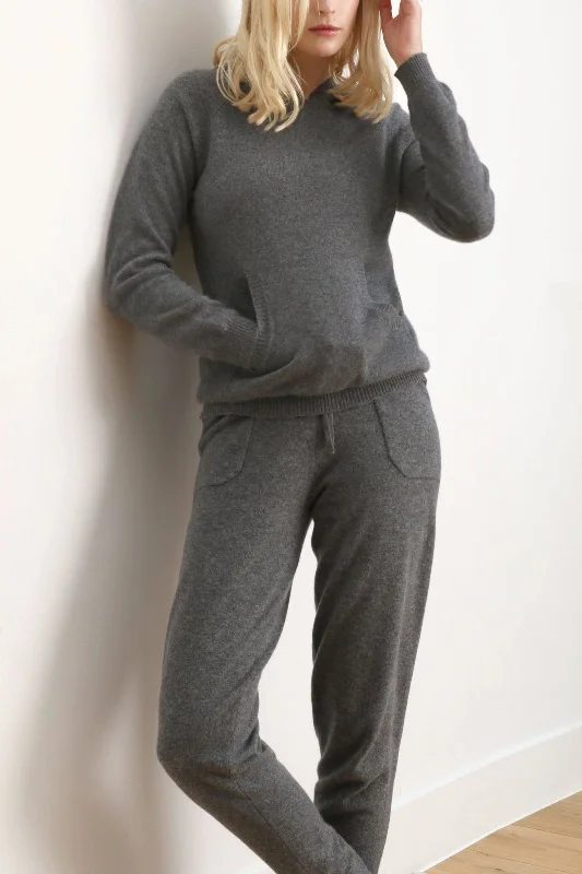 Women's cashmere tracksuit joggers, sweatpants, lounge bottoms in mid grey