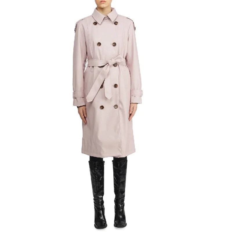 Womens Faux Leather Midi Trench Coat