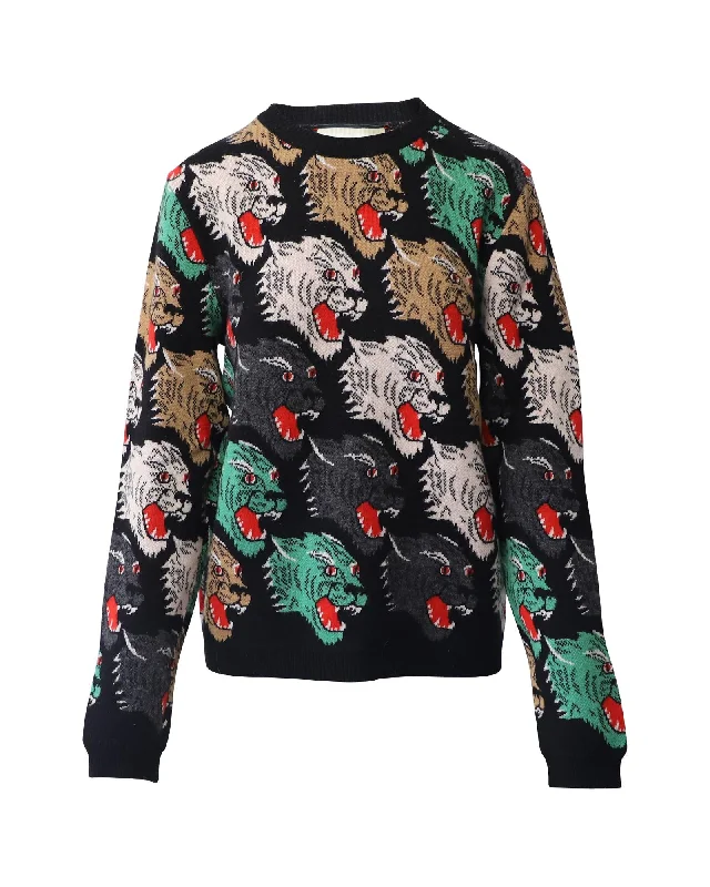 Panther Face Wool Sweater with Intarsia Motifs