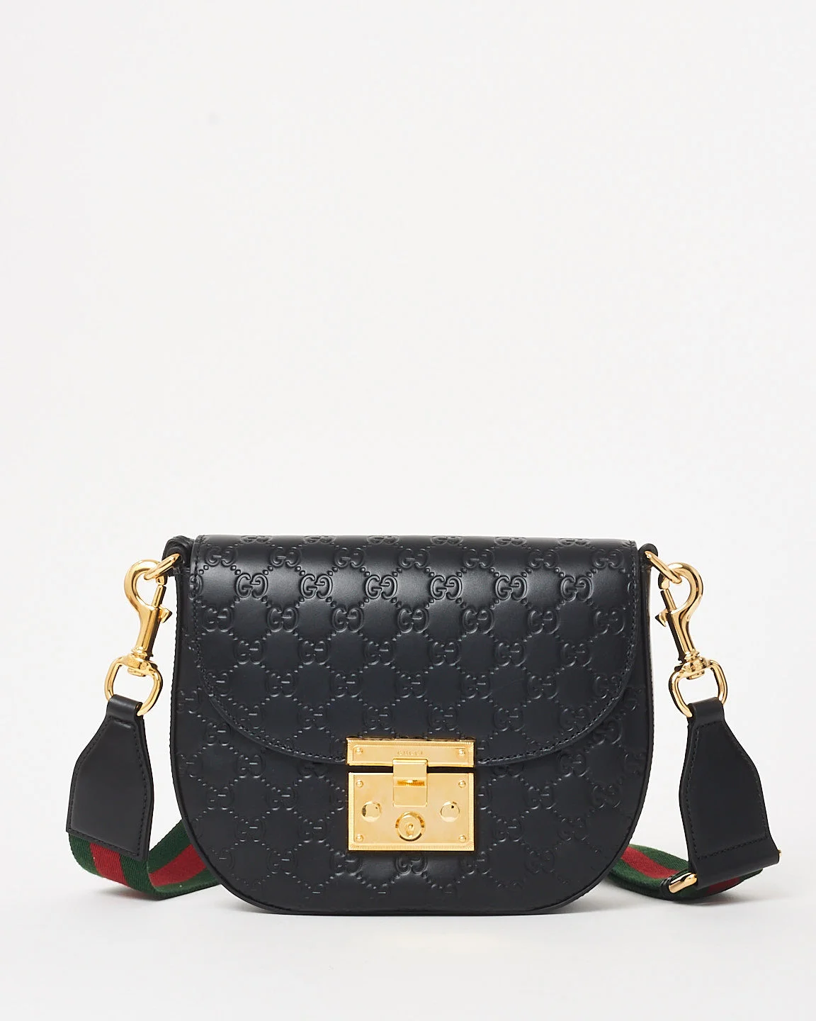 Gucci Black GG Guccissima Leather & Web Strap Padlock Messenger Bag