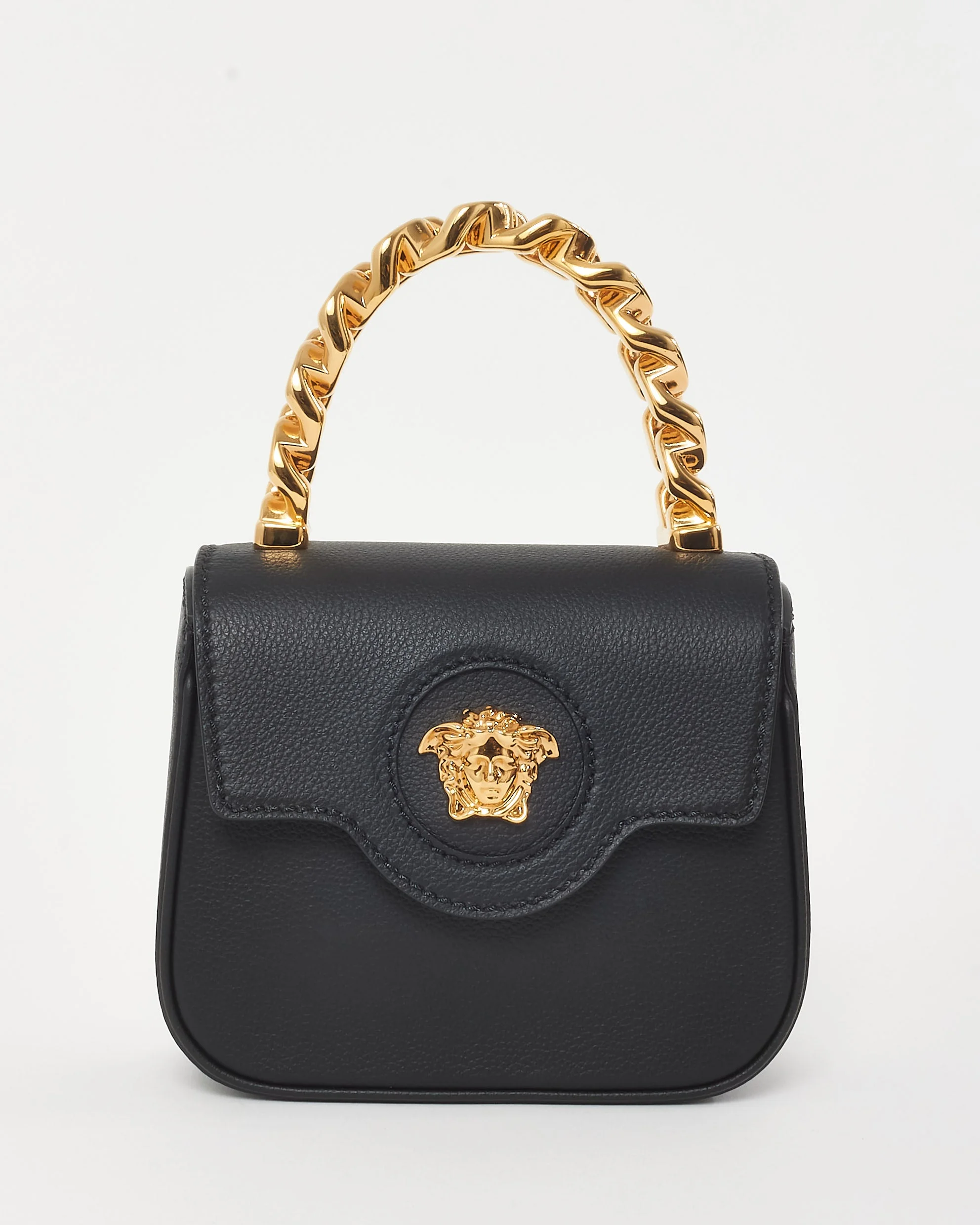 Versace Black Grained Leather Medusa Head Mini Top Handle Bag