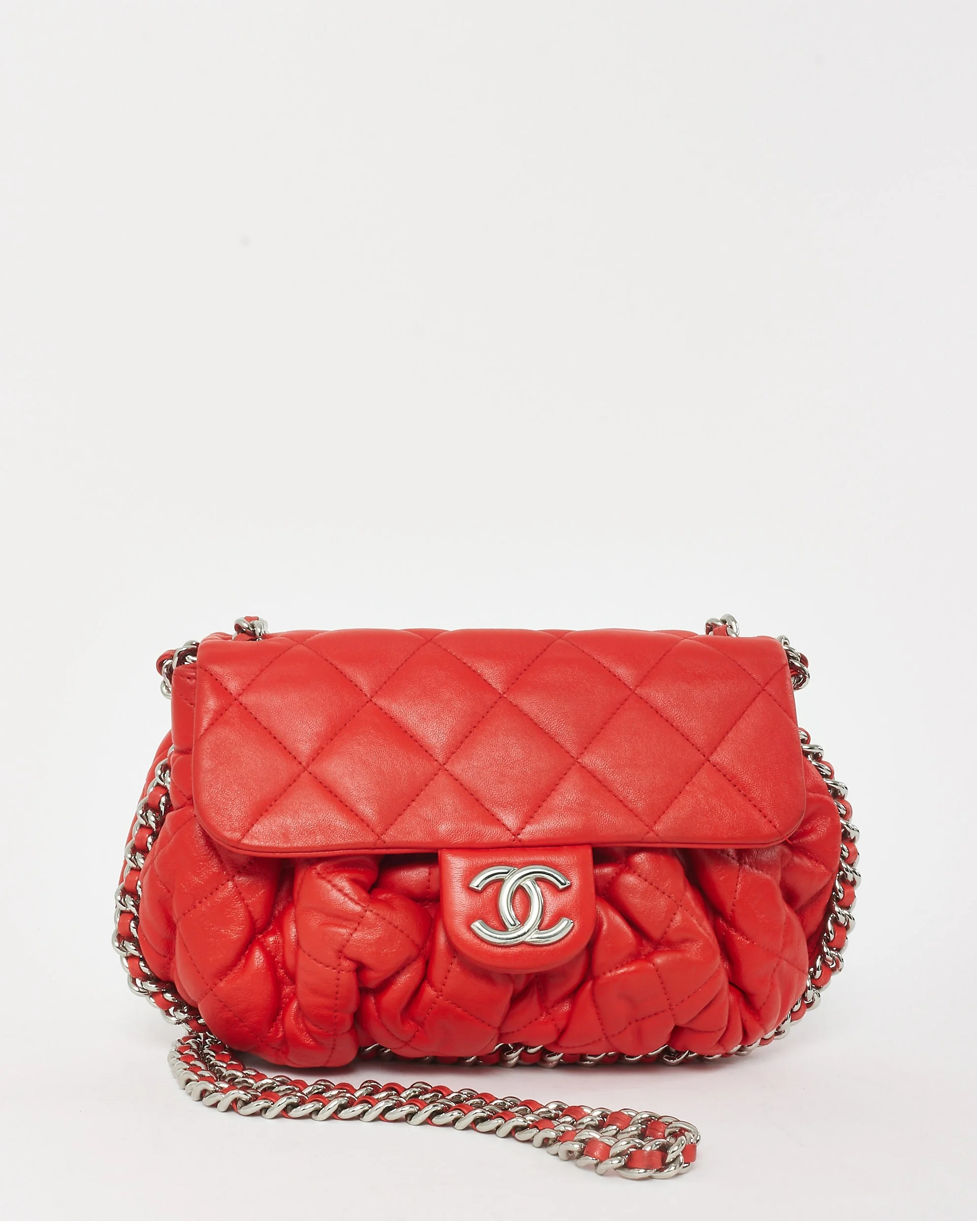 Chanel Red Leather Chain Around Round Crossbody Bag SHW
