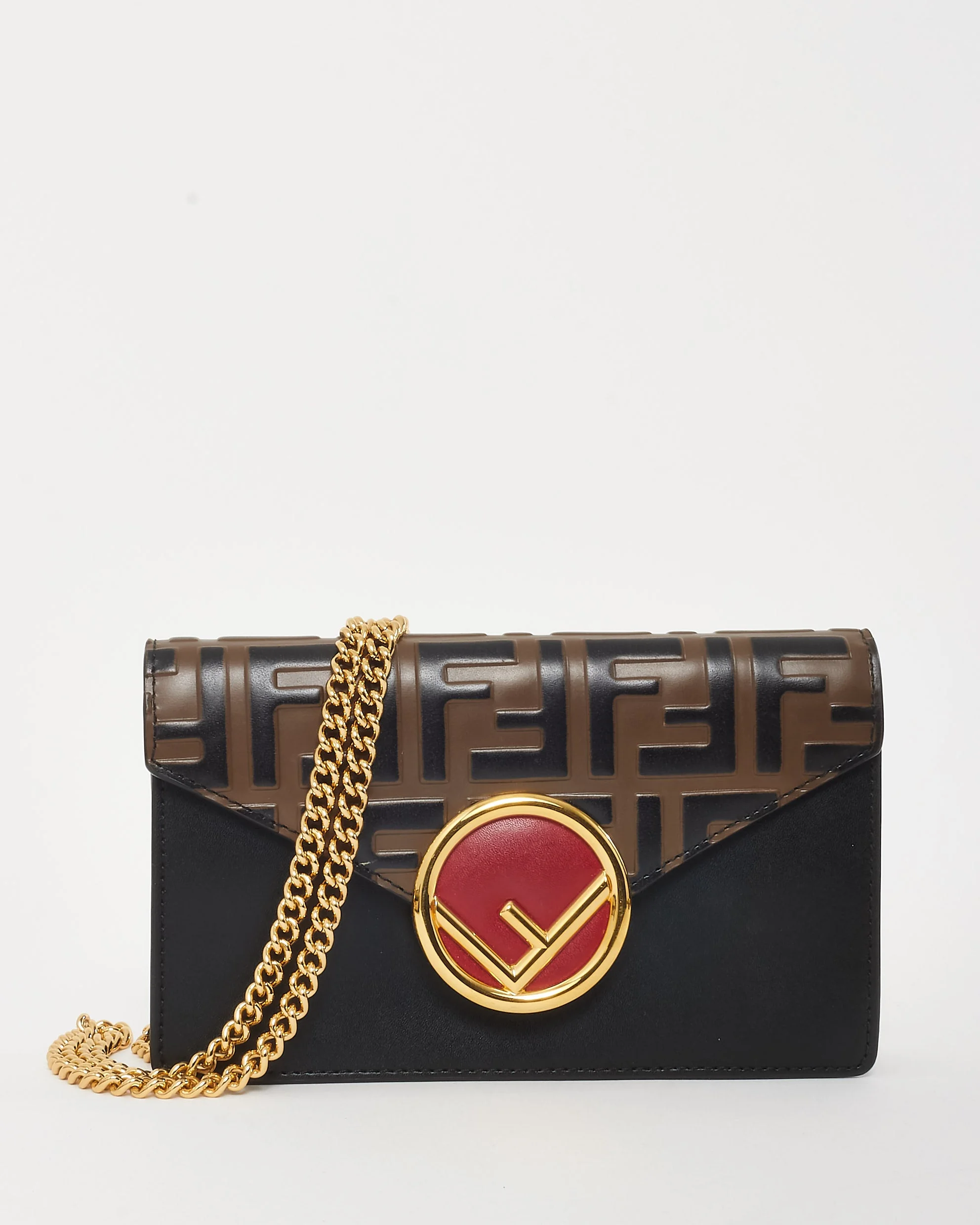 Fendi Black & Brown Bi-Color FF 1974 Embossed Leather Envelope Belt Bag w/ Chain