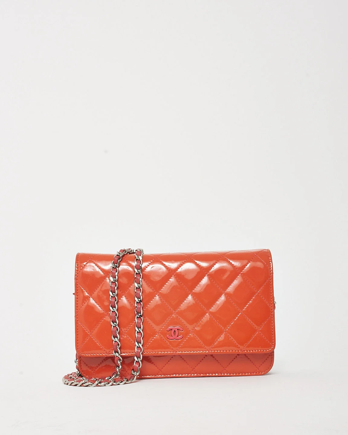 Chanel Orange & Coral Patent Leather WOC Wallet on Chain Crossbody