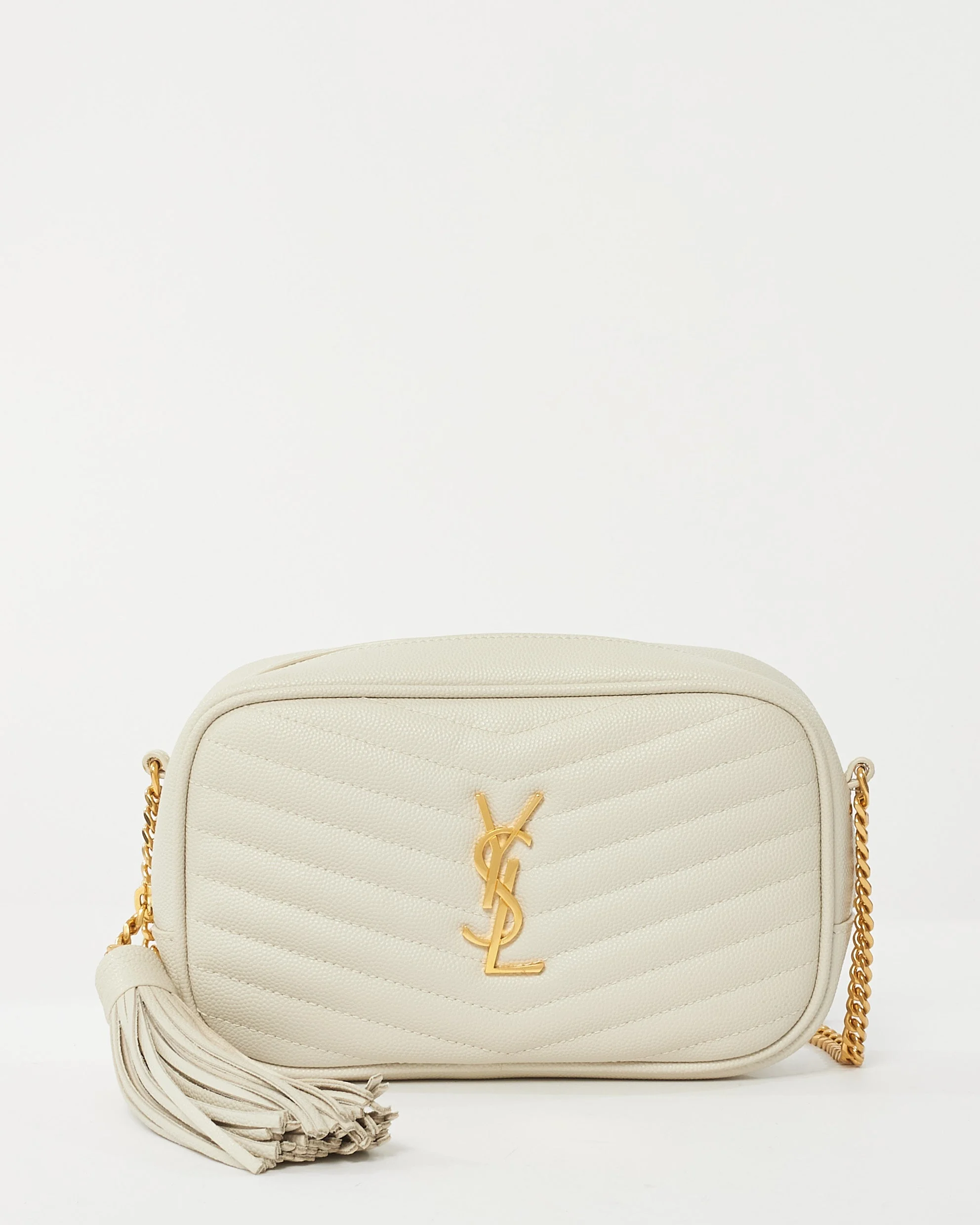 Saint Laurent White Grained De Poudre Embossed Leather Mini Lou Camera Bag