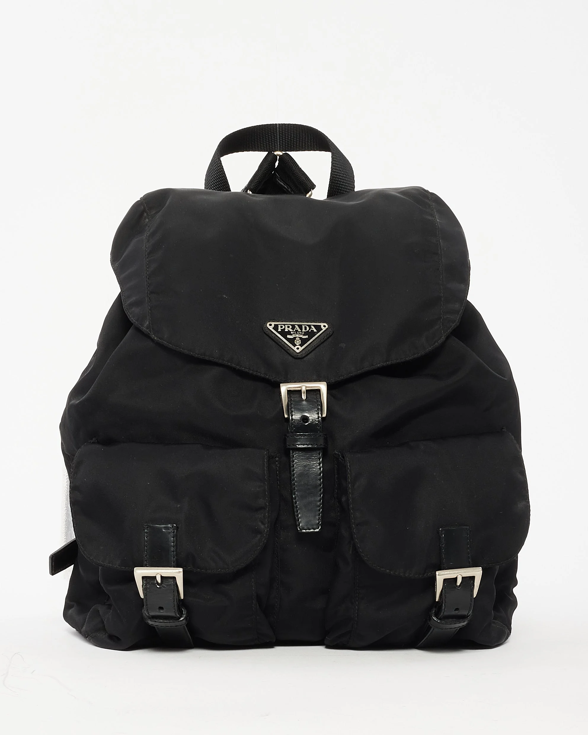 Prada Black Nylon Double Front Pocket Drawstring Backpack