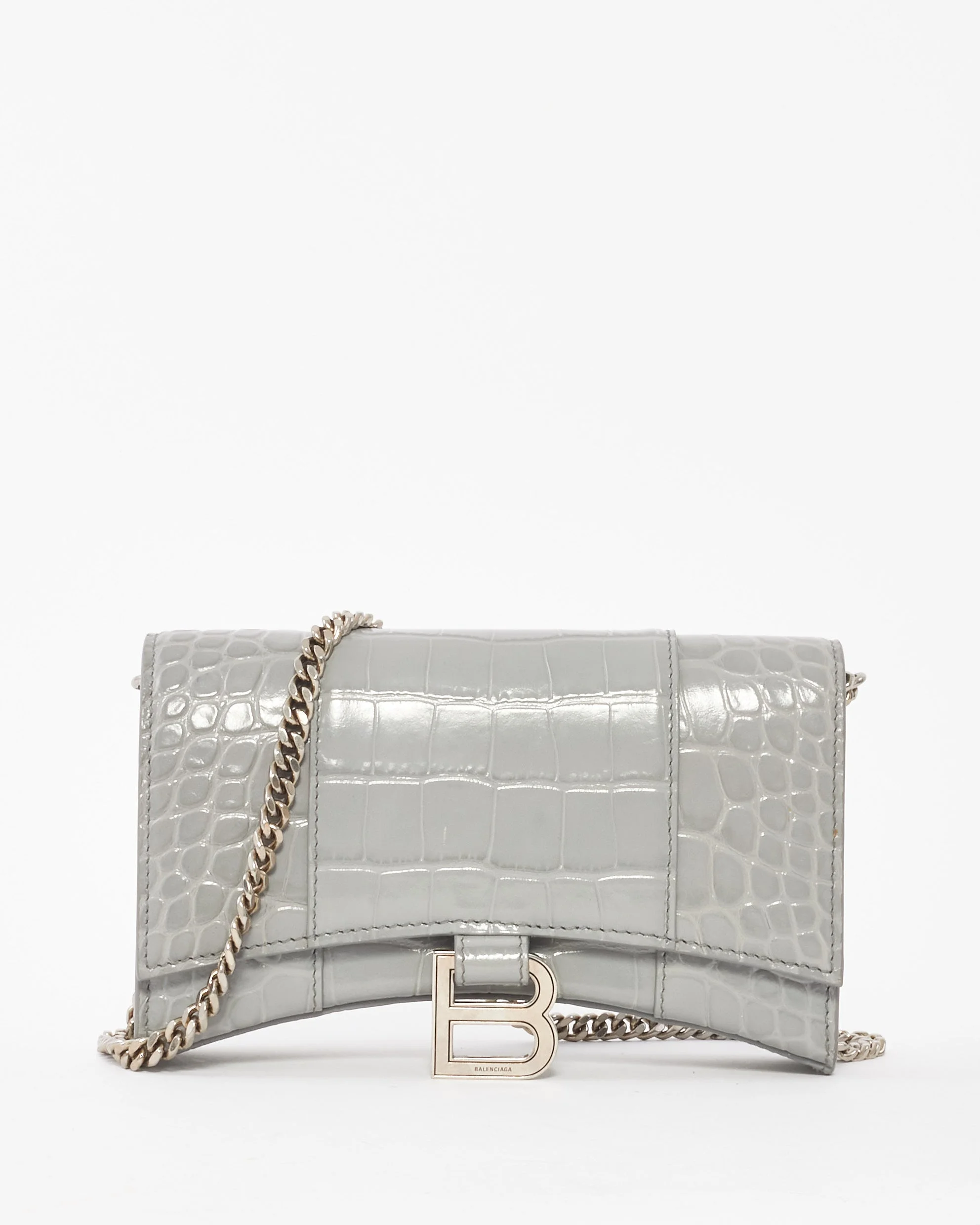 Balenciaga Light Grey Croc Embossed Hourglass Wallet On Chain