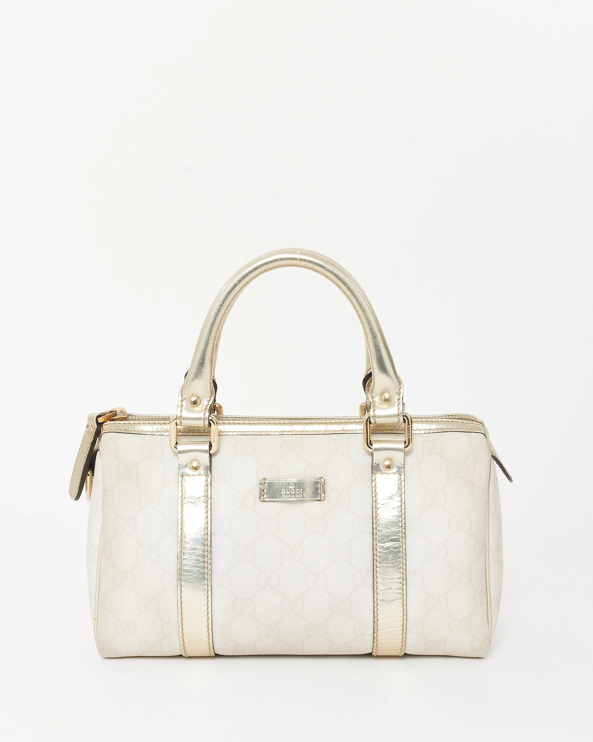 Gucci Beige & Cream GG Supreme Canvas & Gold Leather Mini Joy Boston Bag