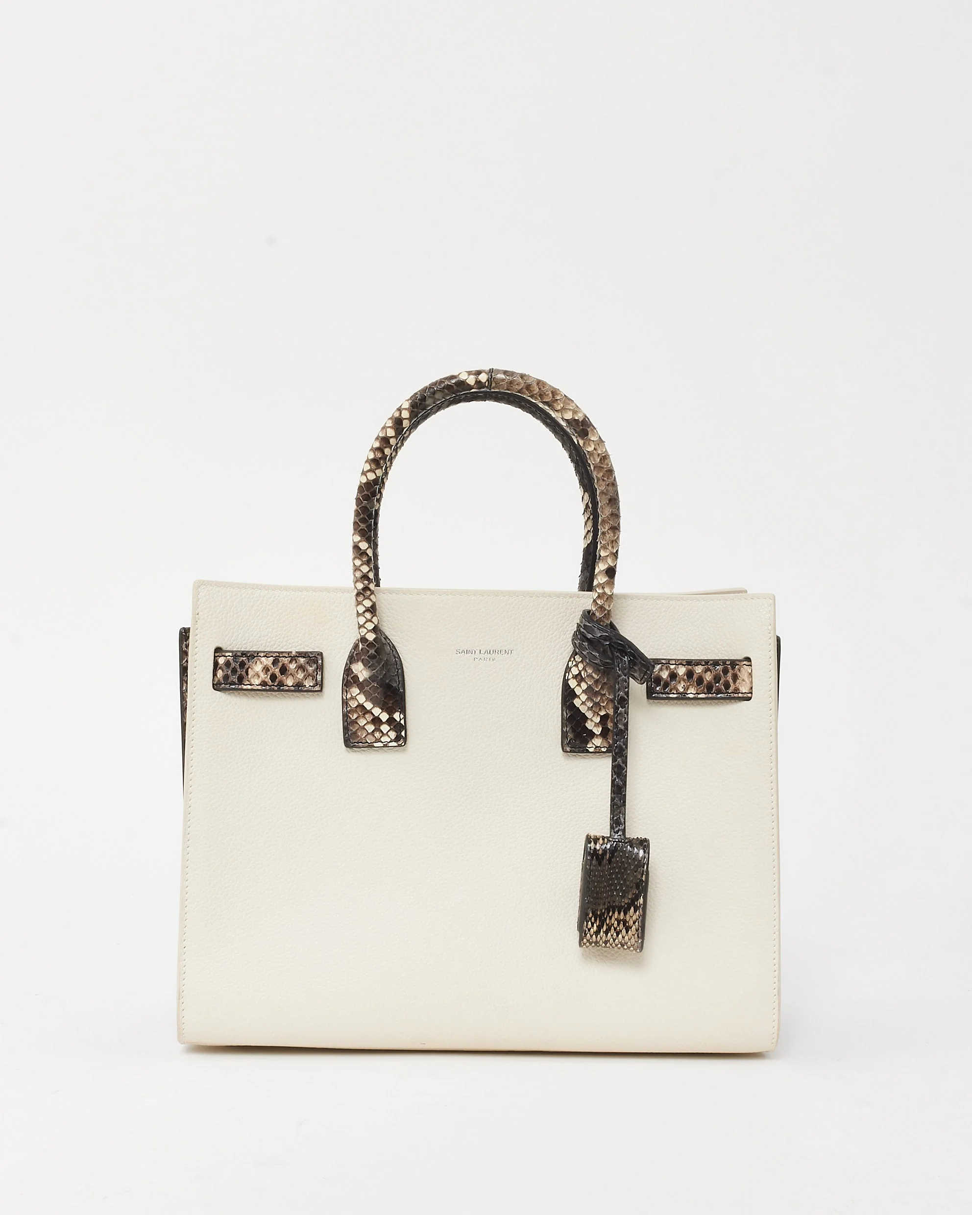 Saint Laurent White Leather & Grey Python Trim Small Sac De Jour Bag