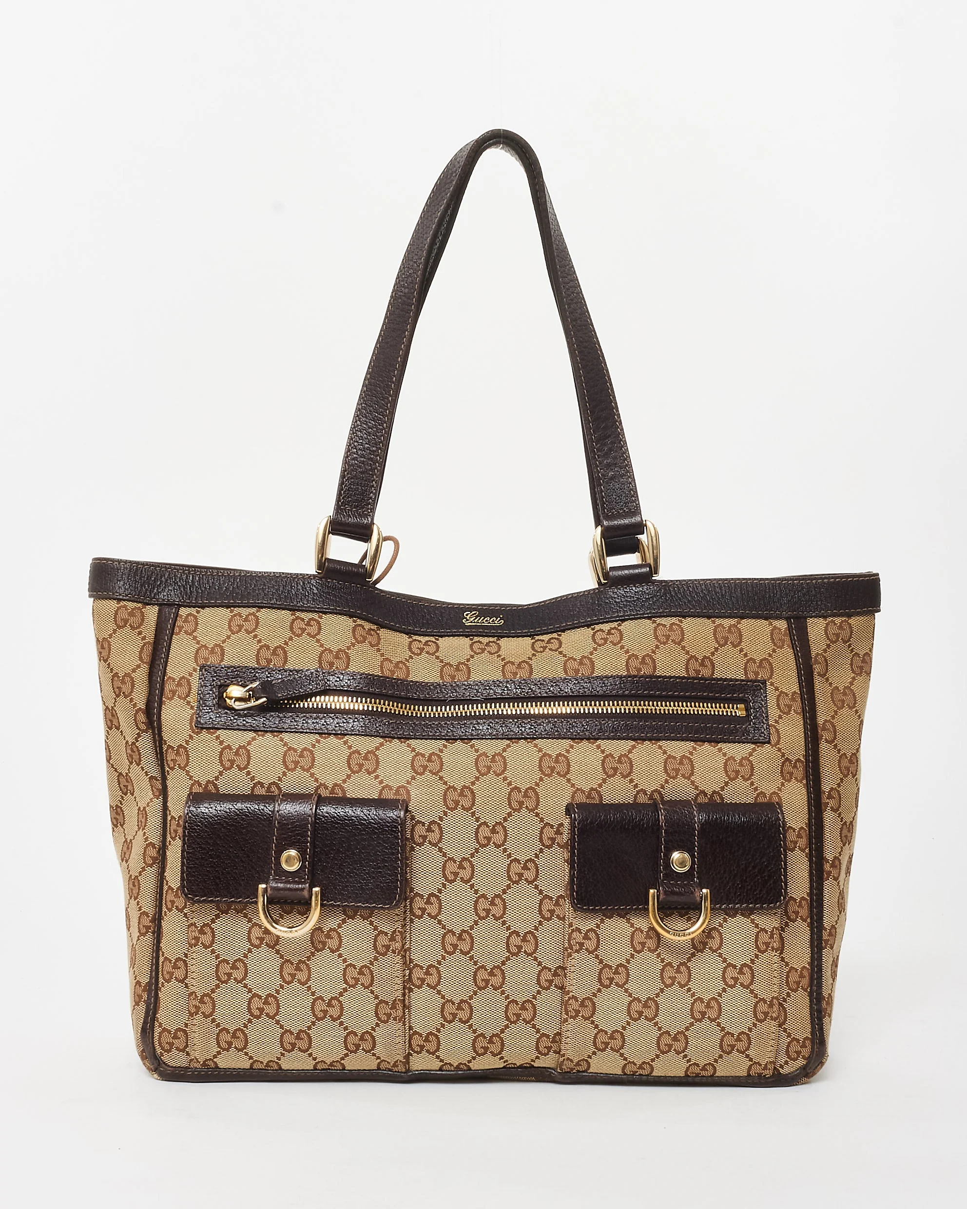 Gucci Brown & Beige GG Monogram Canvas Abbey Pocket Zip Tote Bag