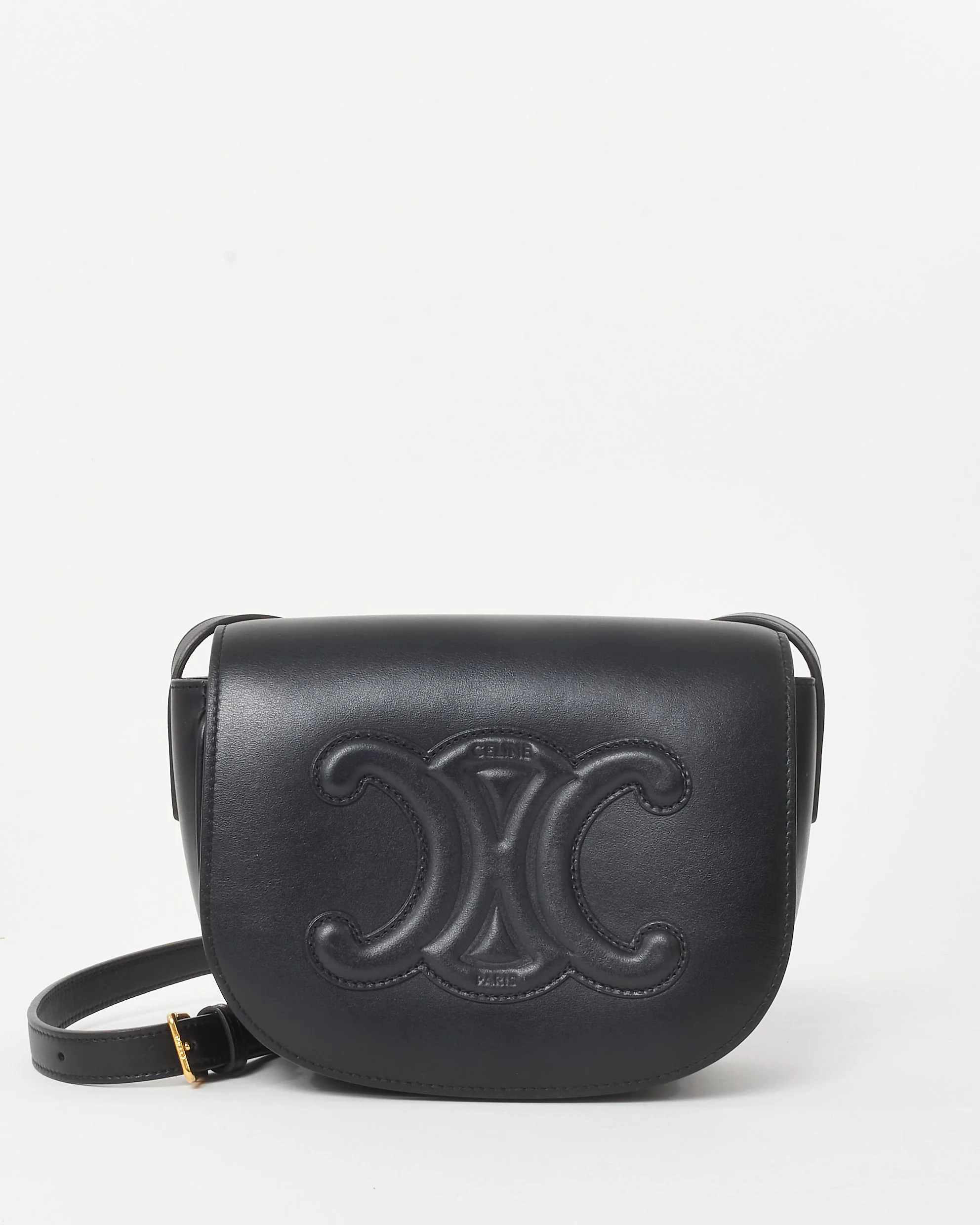 Celine Black Smooth Leather Triomphe Logo Floco Crossbody Bag