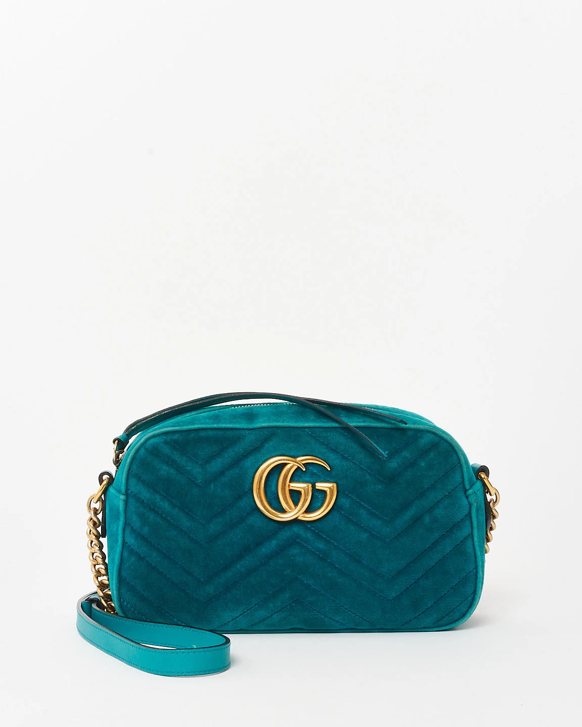 Gucci Turquoise Matelassé Velvet Small GG Marmont Chain Crossbody Bag