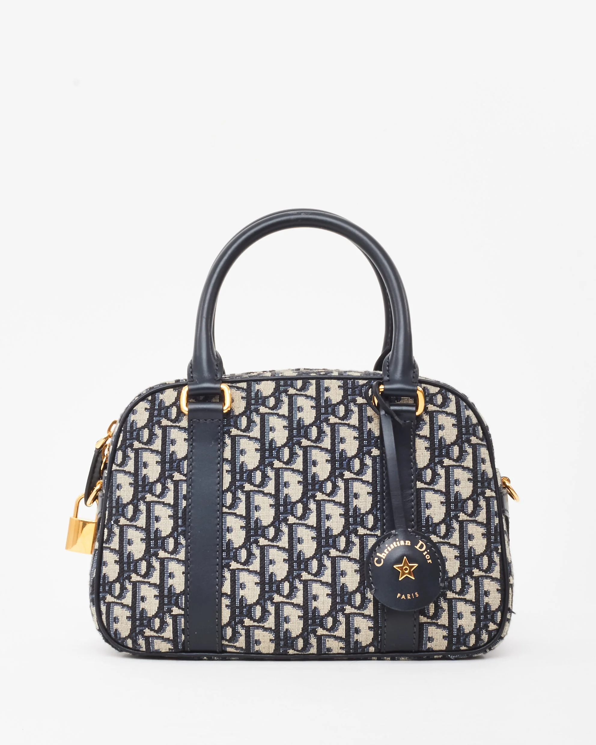 Dior Navy Oblique Monogram Jacquard Canvas Medium D-Vibe Bowling Bag w/ Strap