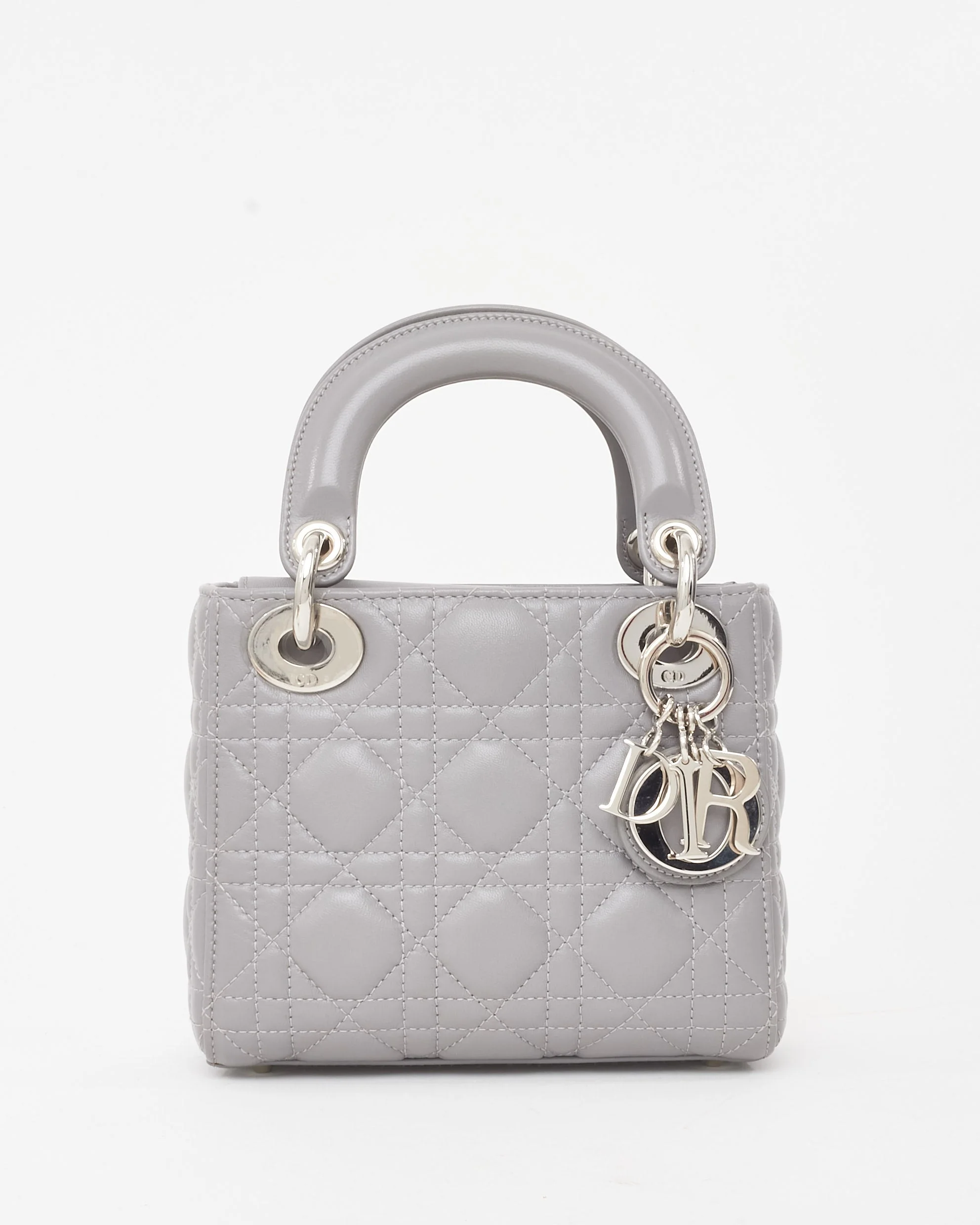 Dior Grey Lambskin Cannage Leather Mini Lady Dior Bag SHW w/ Crystal Jewel Strap