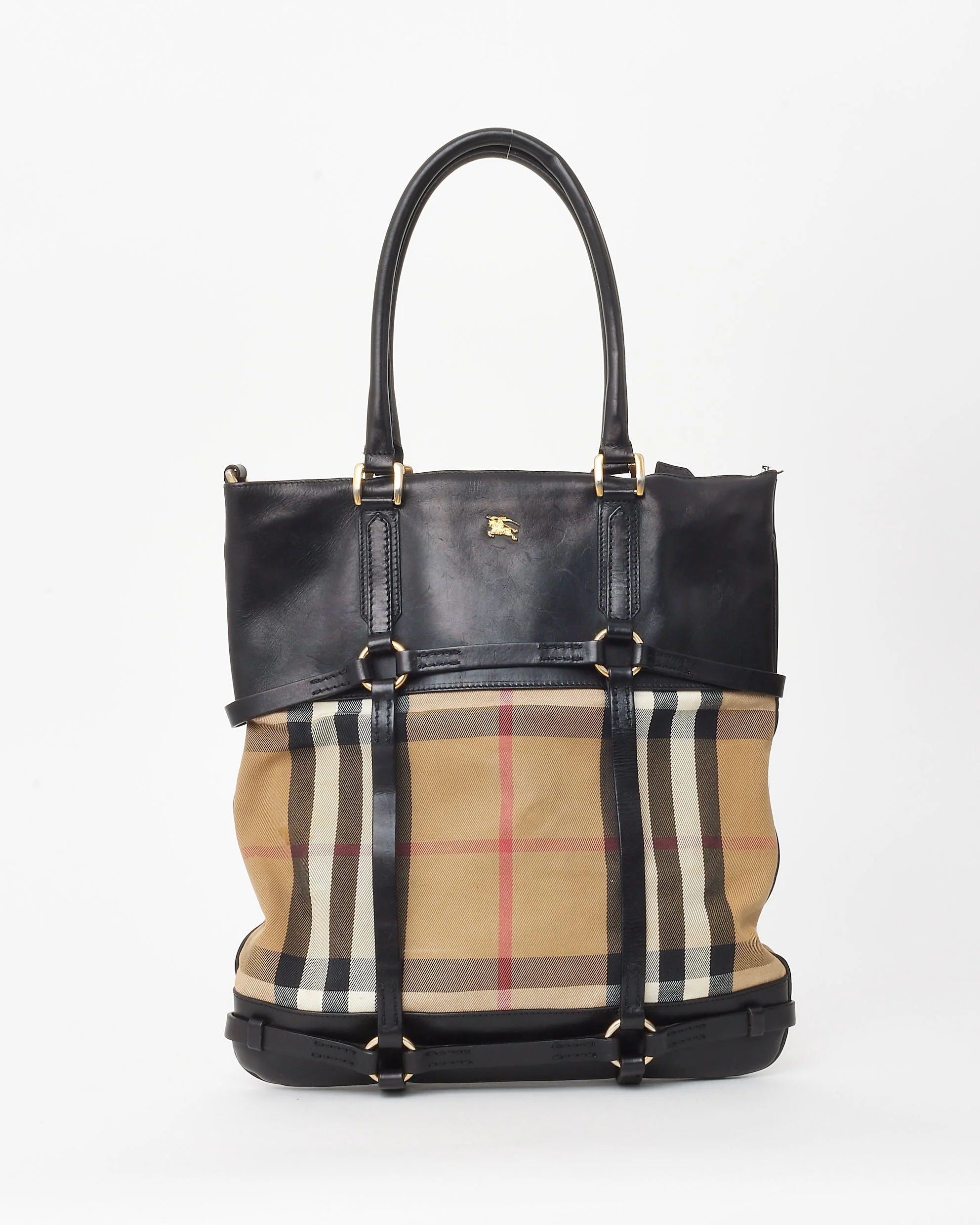 Burberry Black Calfskin & Beige House Check Bridle Tote Bag NO STRAP