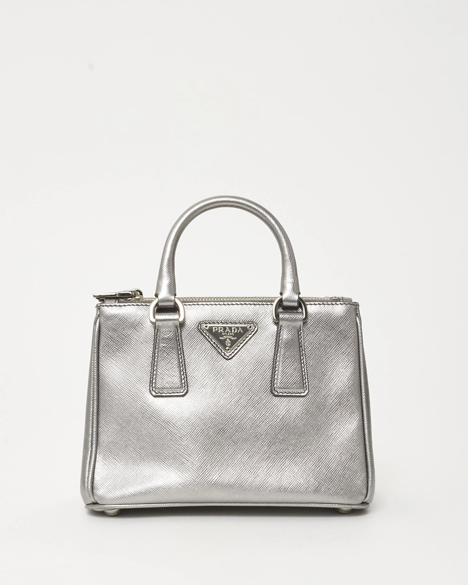 Prada Silver Saffiano Leather Mini Double Zip Galleria Tote