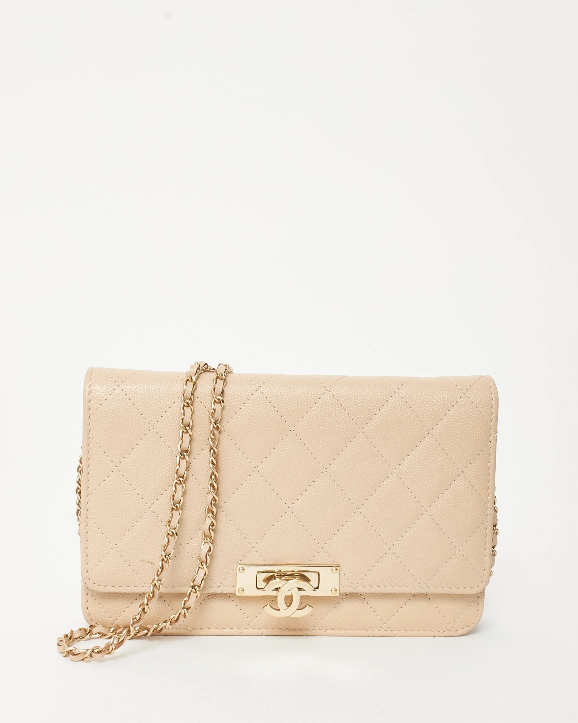 Chanel Beige Caviar Leather CC Golden Class Logo Wallet on Chain WOC Crossbody
