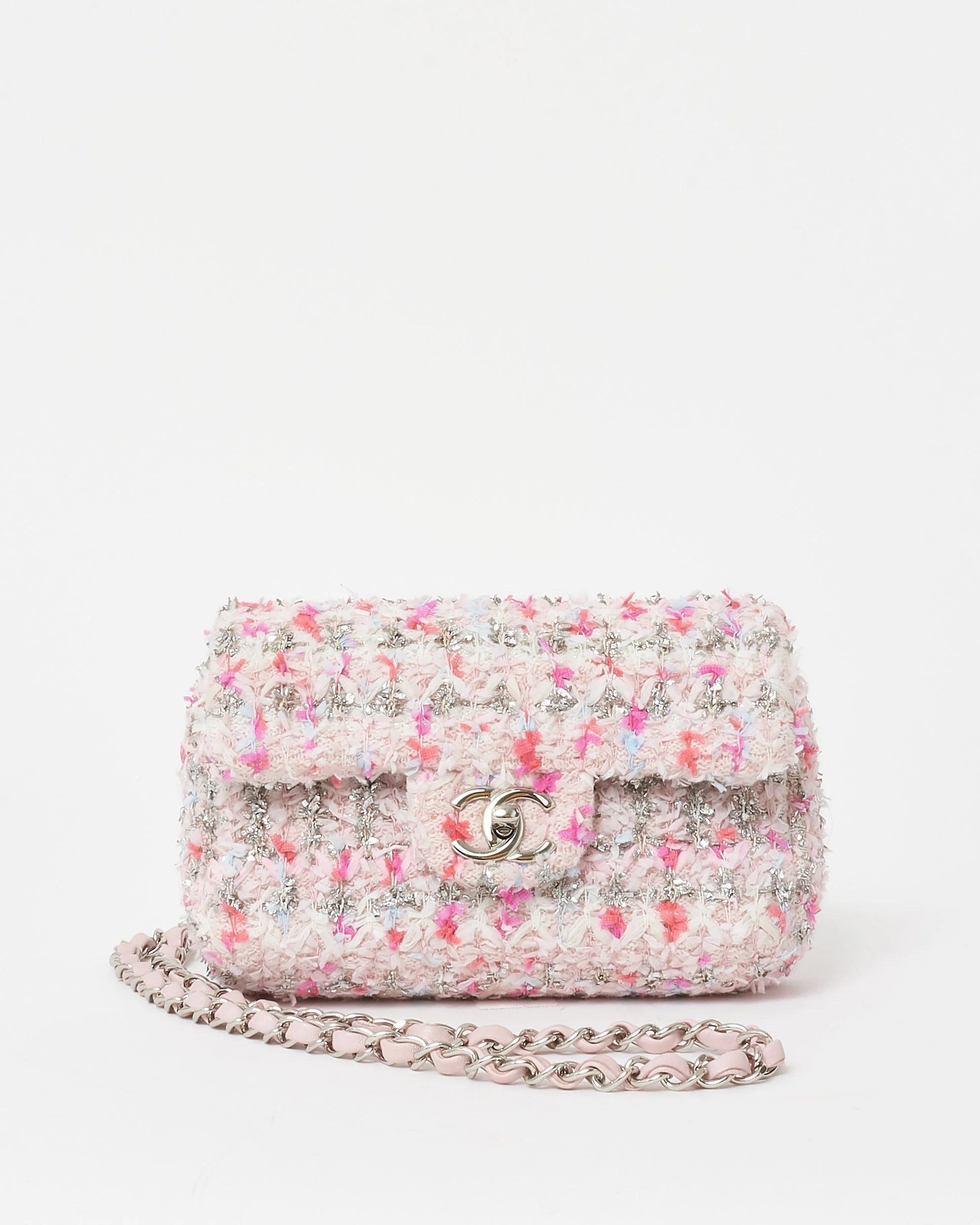 Chanel Pink Quilted Tweed & Ribbon Mini Rectangular Flap Bag SHW