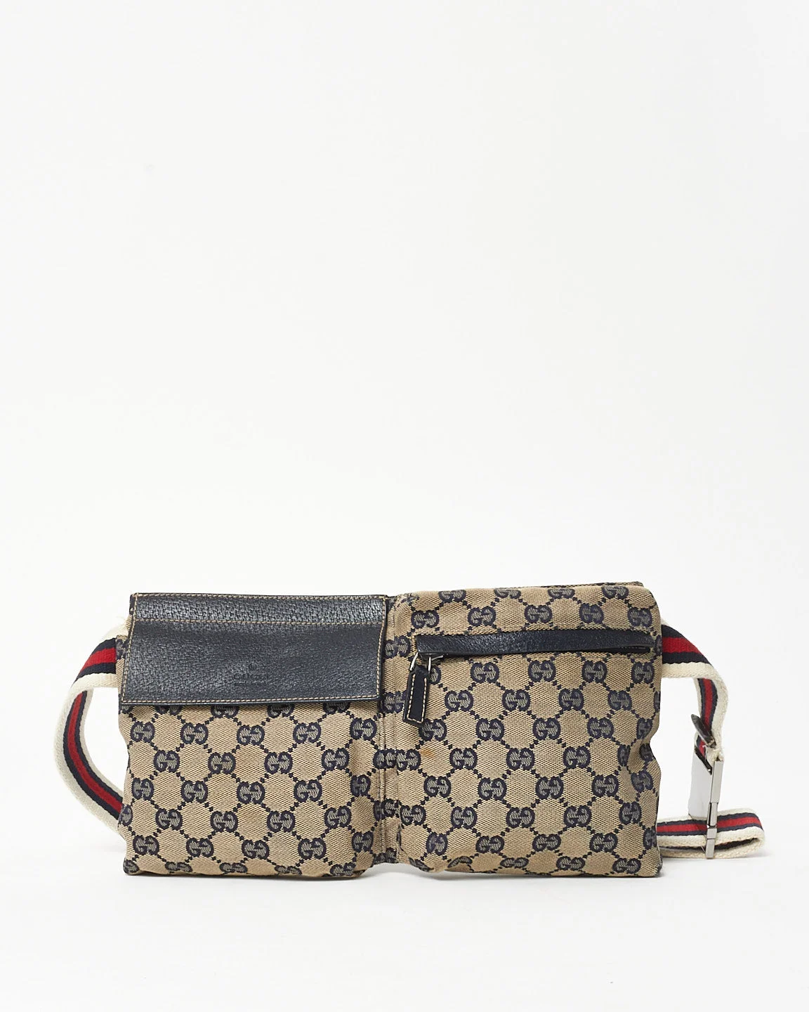 Gucci Navy & Beige Monogram GG Canvas Double Pocket Belt Bag