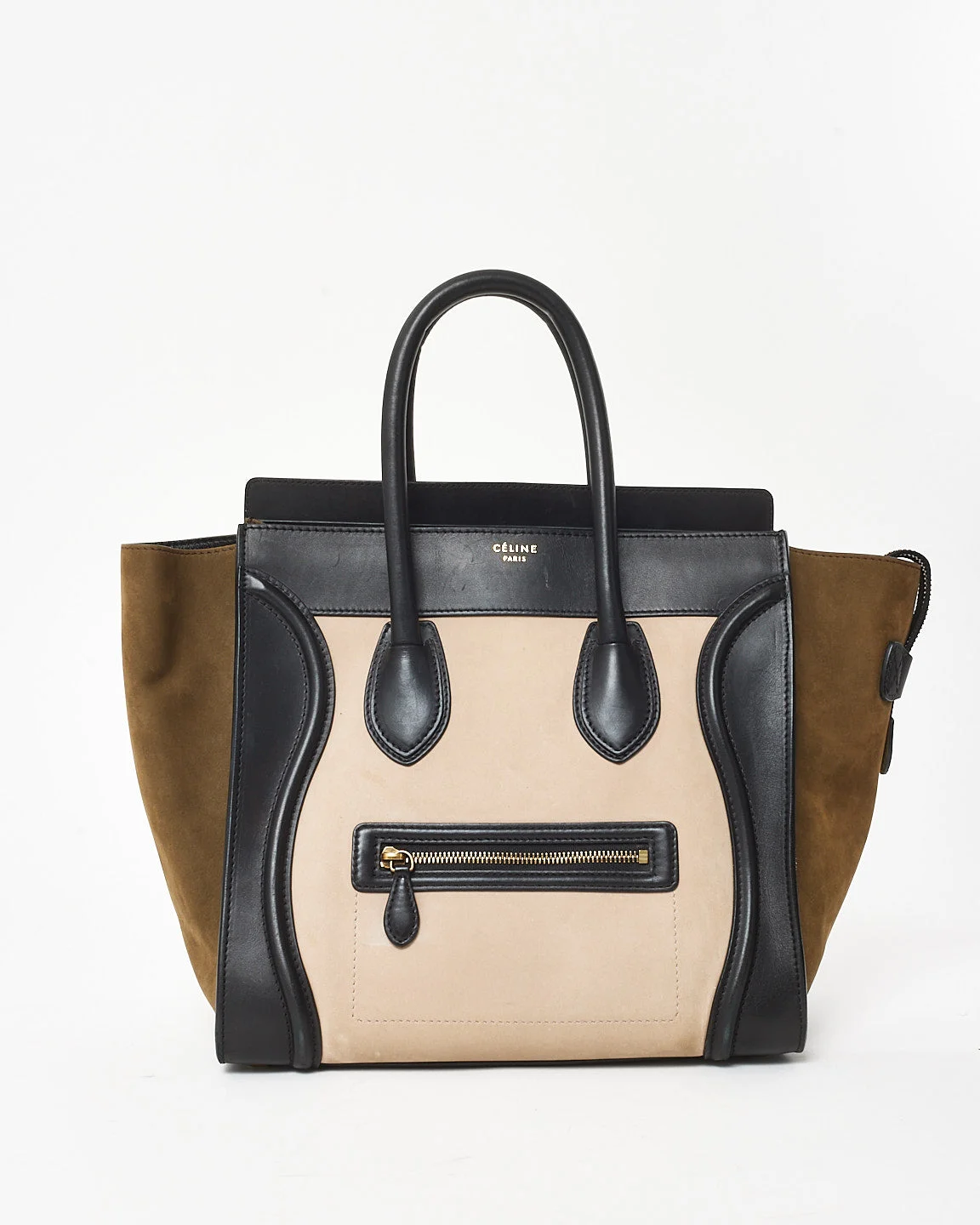 Celine Beige/Black/Khaki Leather and Suede Tricolor Mini Luggage Bag