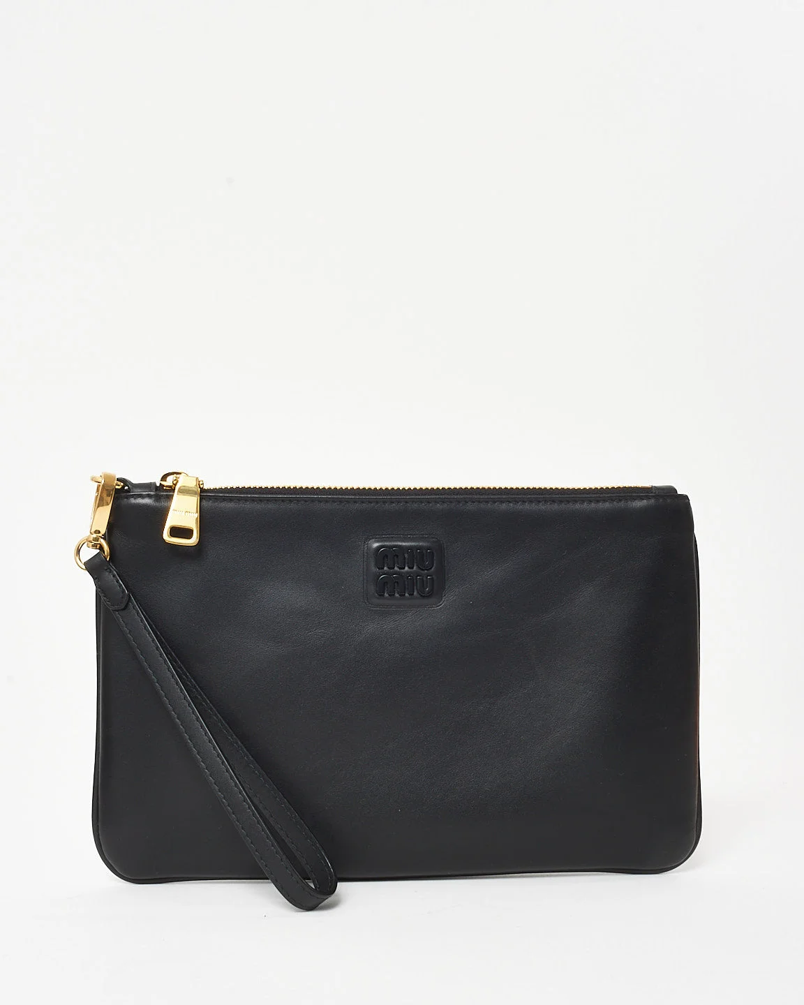 Miu Miu Black Leather Logo Wristlet Pouch