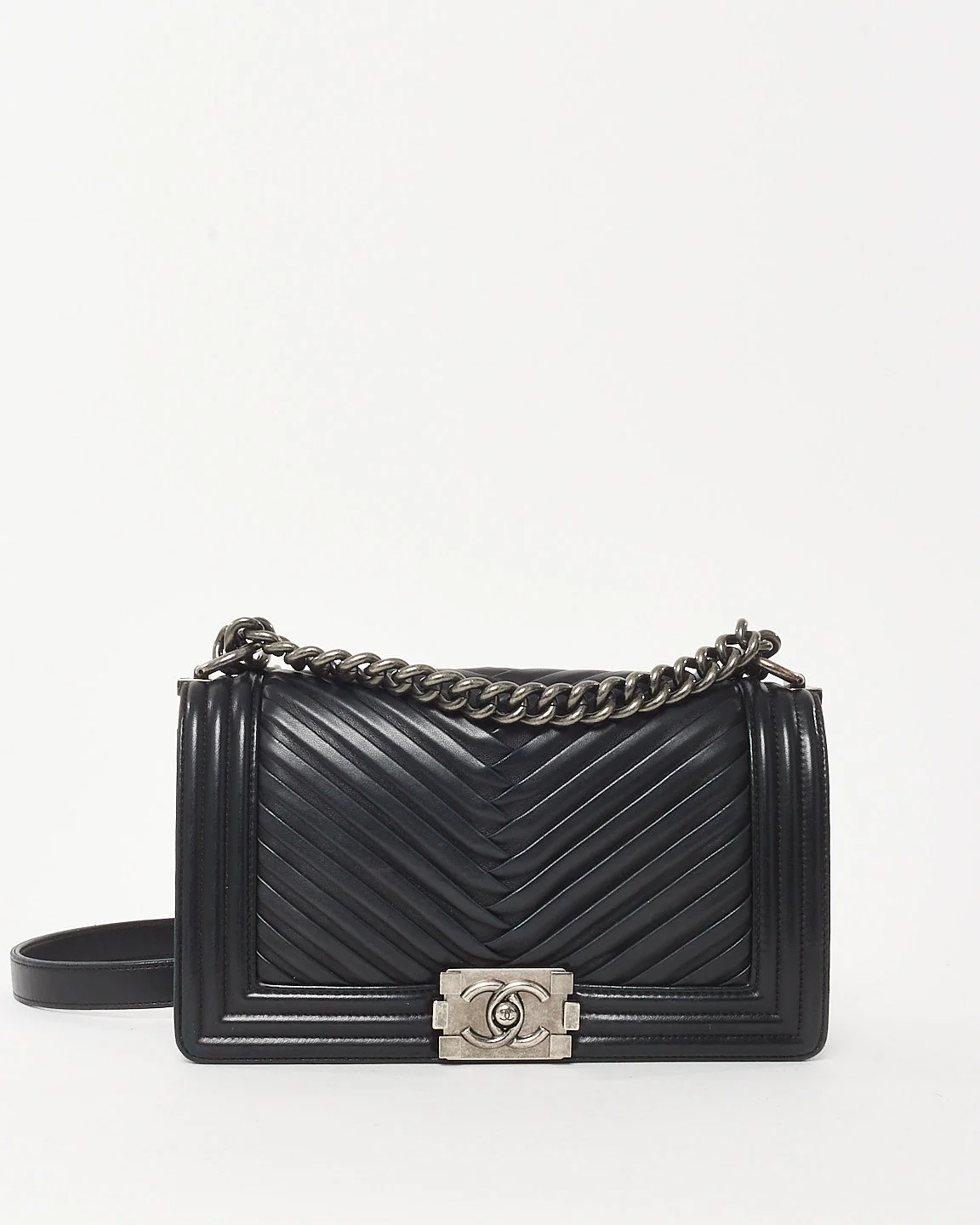 Chanel Black Lambskin Leather Chevron Old Medium Boy Bag