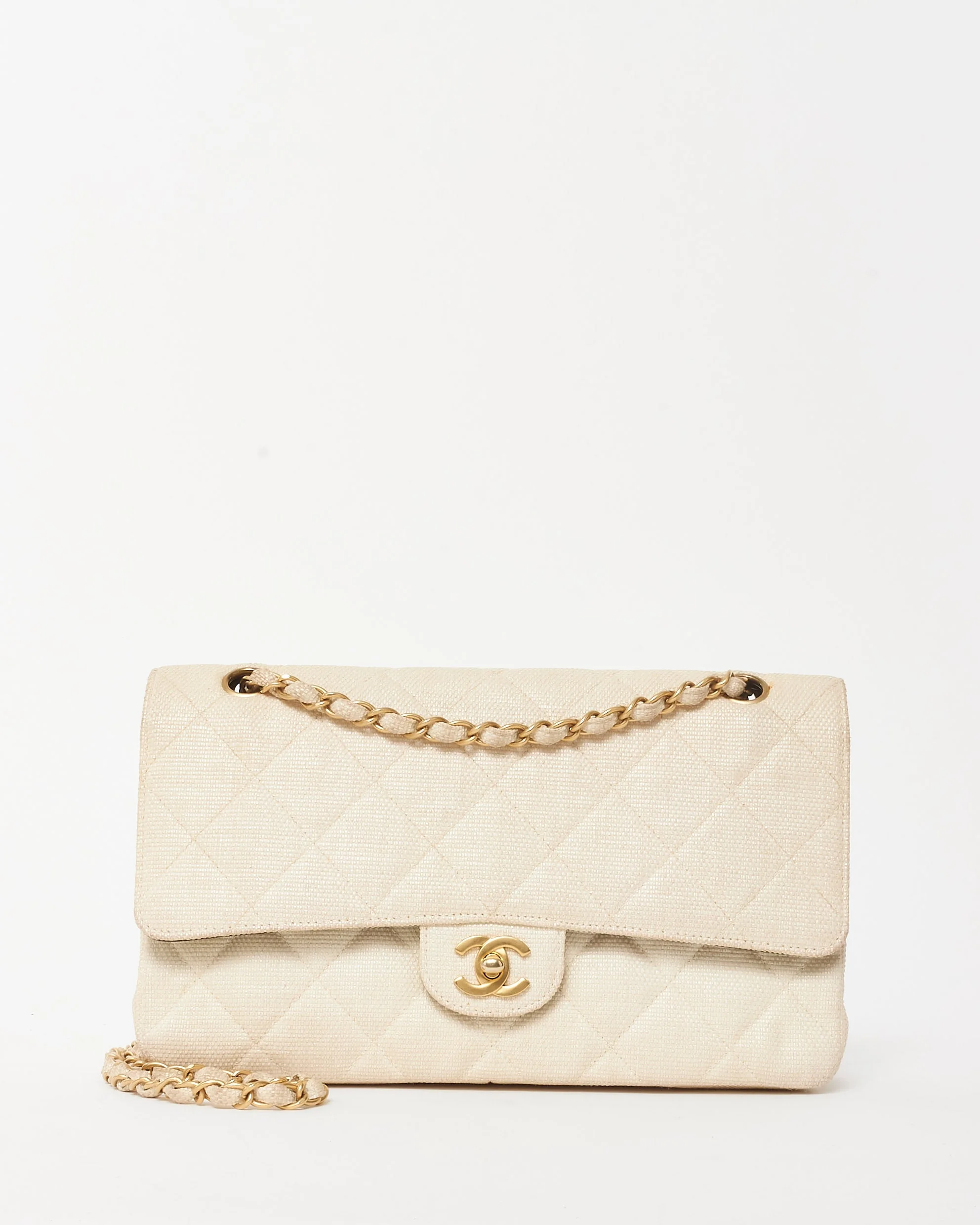 Chanel Vintage Beige Canvas Quilted Medium Double Flap Bag GHW