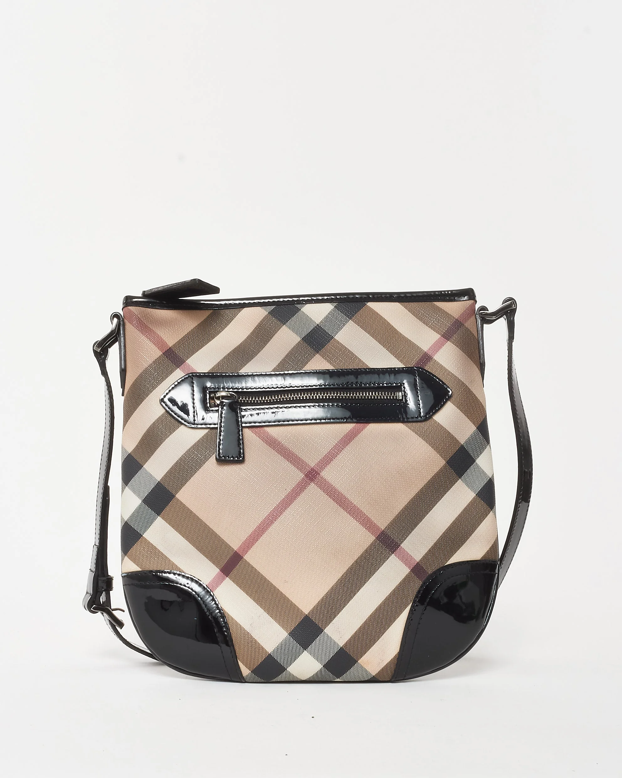Burberry Beige Nova Check Coated Canvas Black Patent Trim Dryden Crossbody Bag