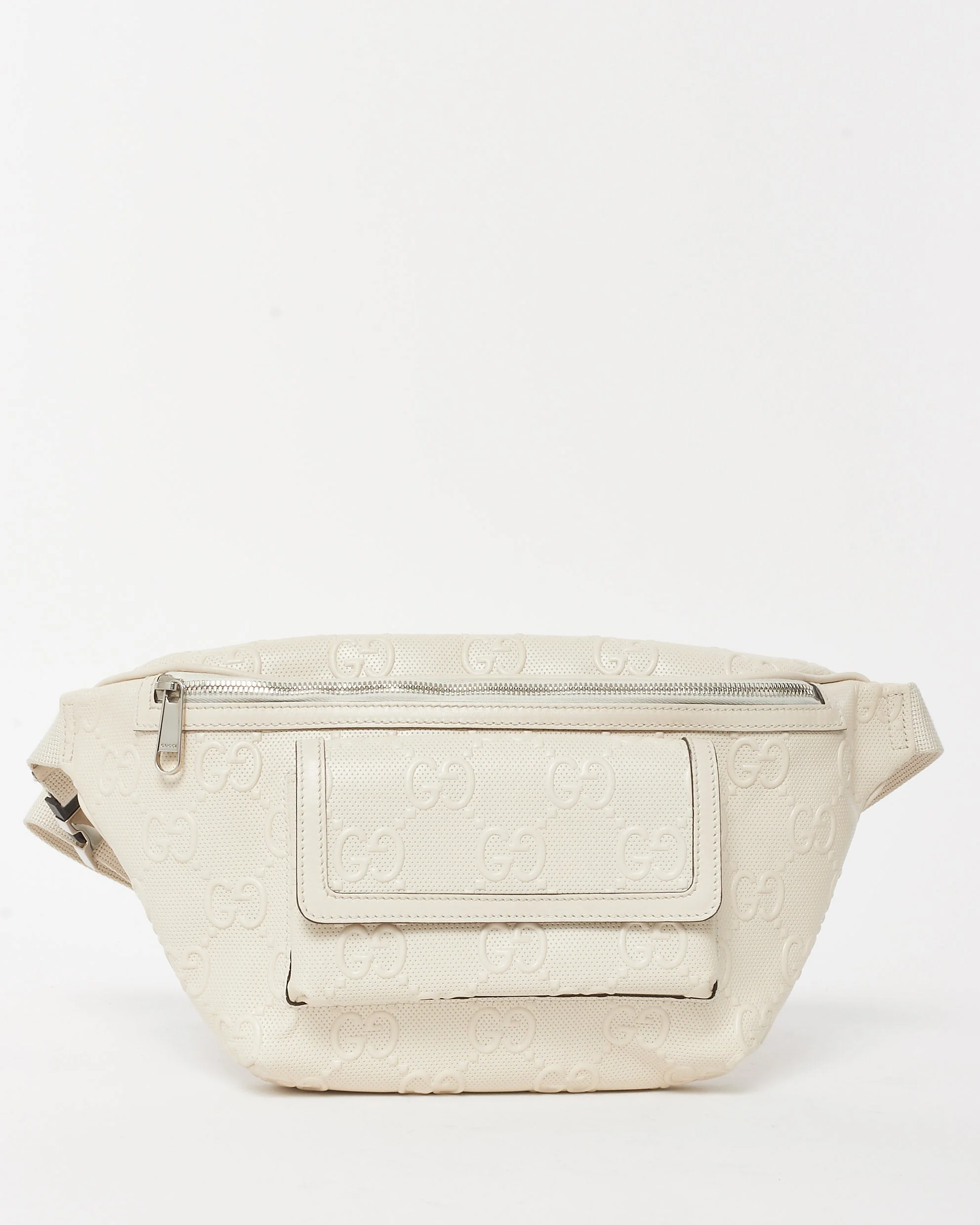 Gucci White GG Monogram Embossed Leather Front Pocket Large Belt Bag