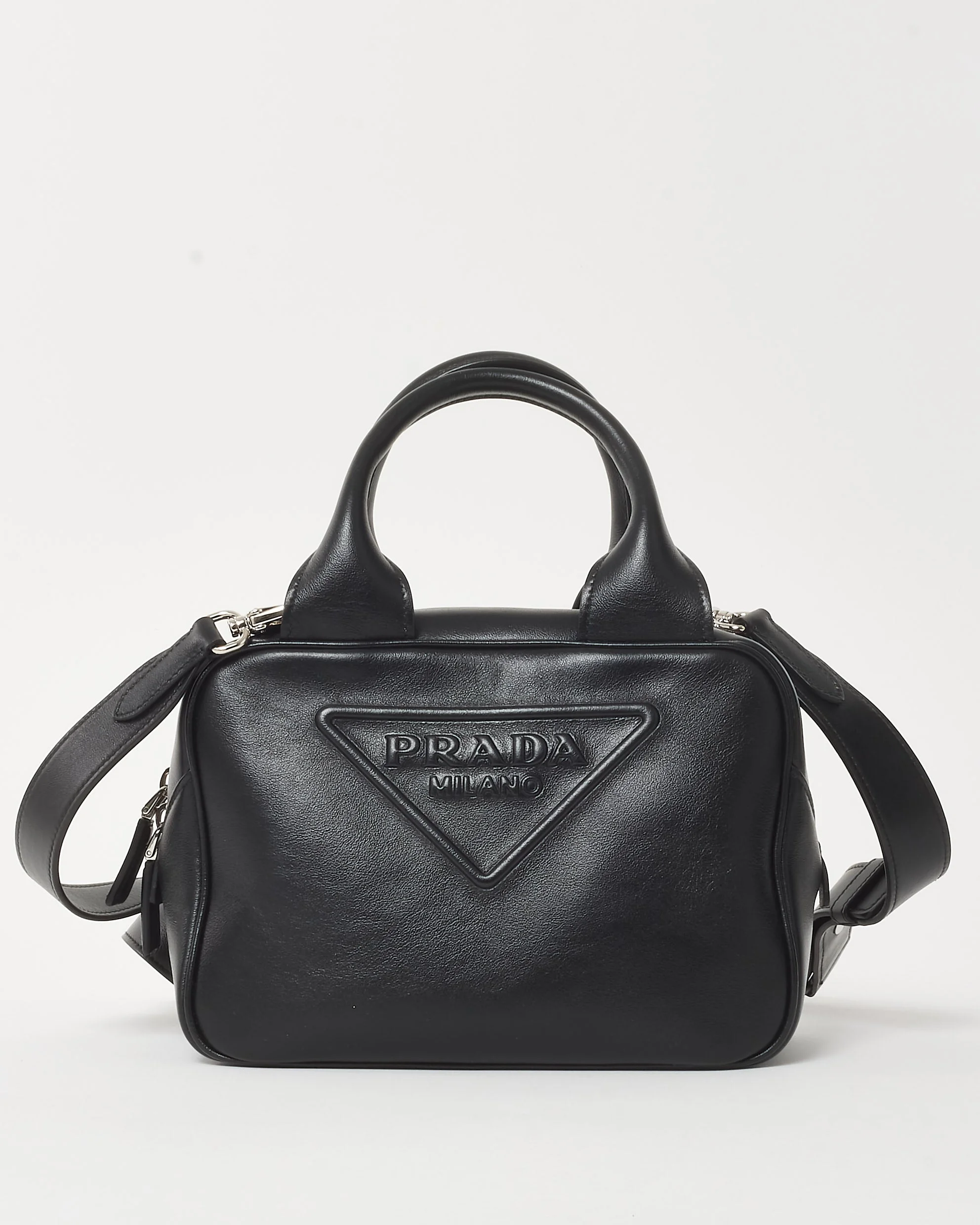 Prada Black Leather Grace Lux Logo 2Way Top Handle Bag