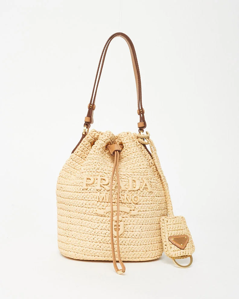 Prada Beige Crochet and Leather Logo Mini Bucket Bag