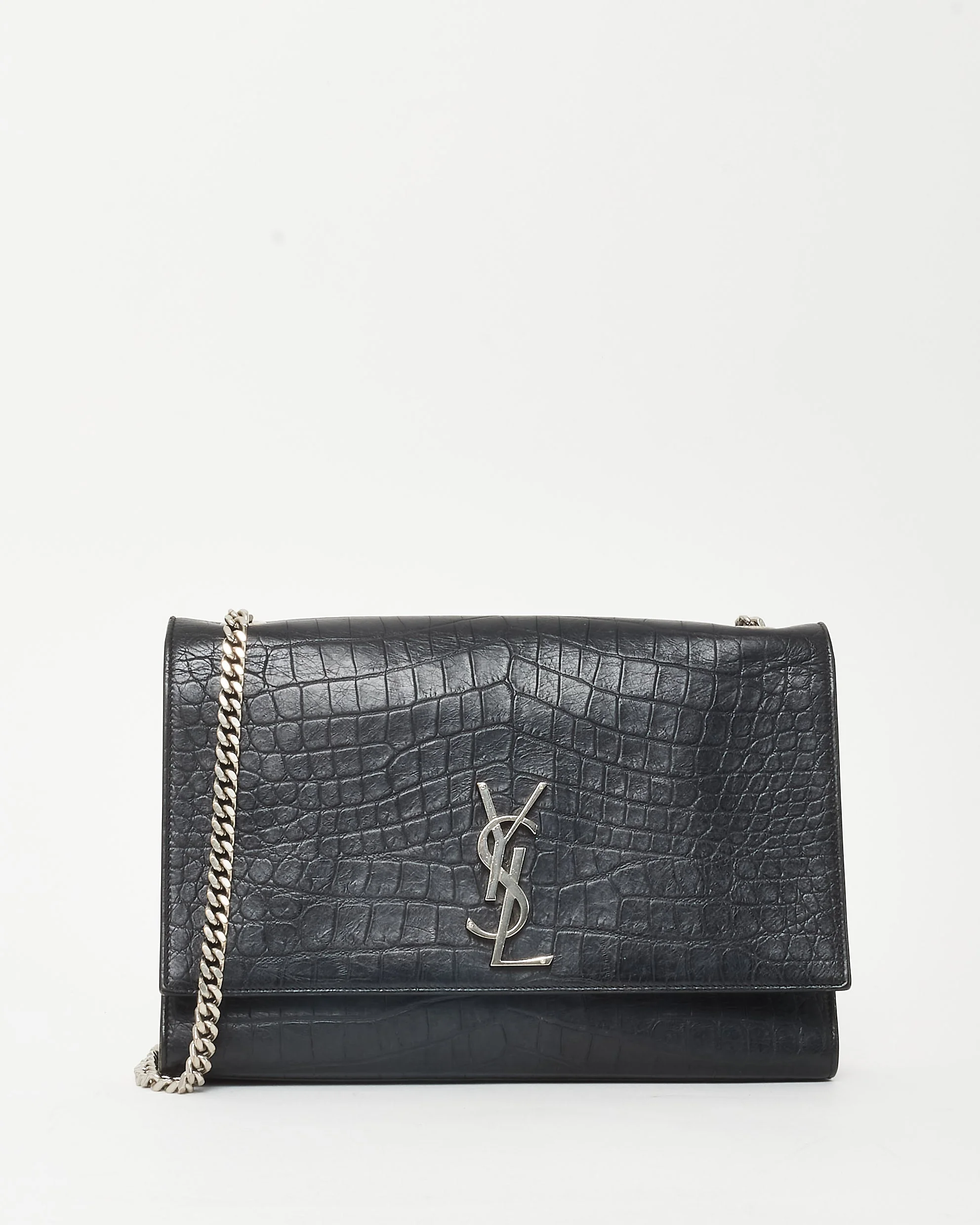 Saint Laurent Black Croc Embossed Leather Large Monogram YSL Kate Crossbody Bag