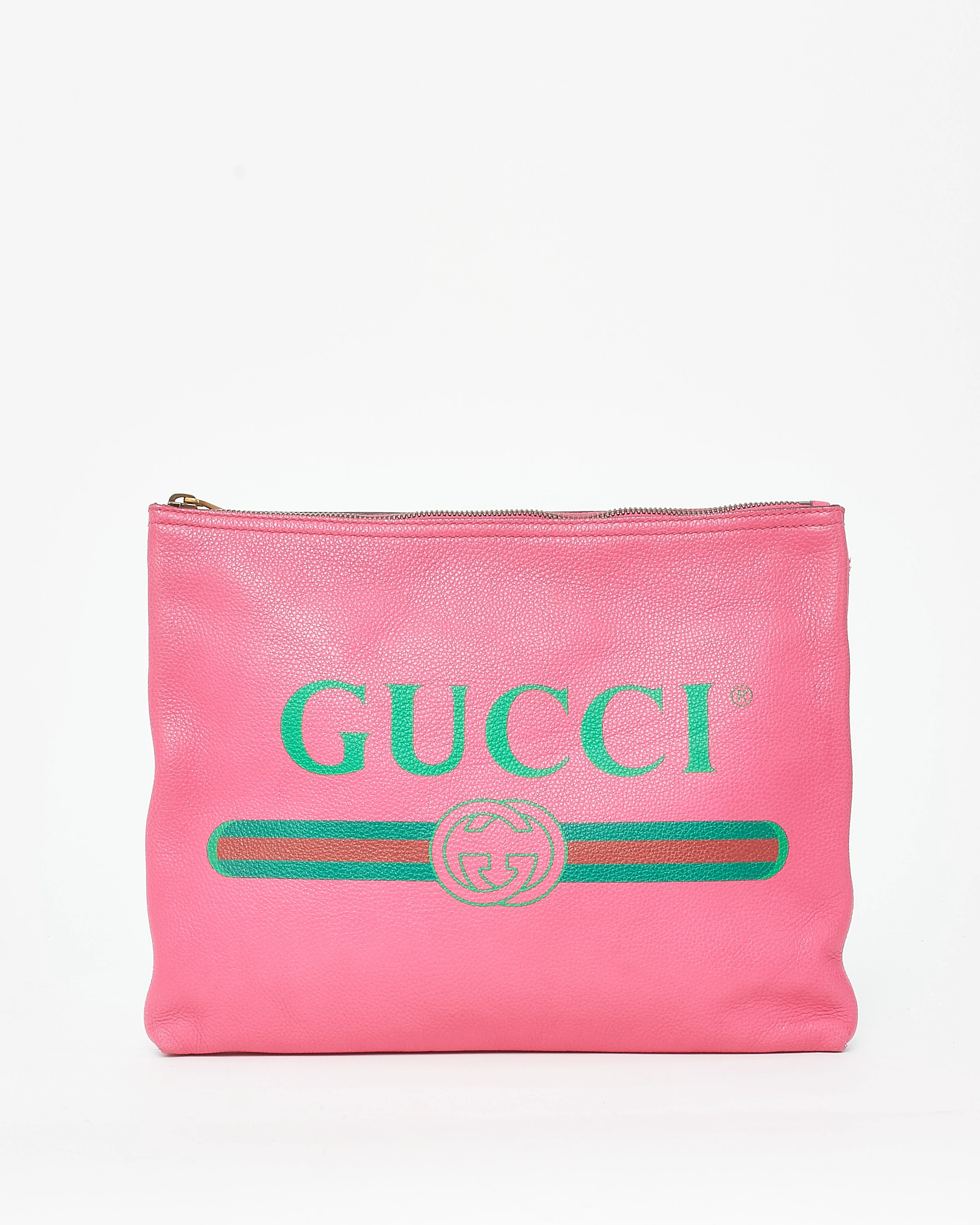 Gucci Pink Pebbled Leather Medium Logo Pouch Clutch